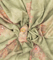 Light Green Woven Blended Tussar Saree With Embroidered Floral Motifs-BL3847