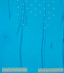 Cyan Woven Pure Crepe Silk Saree With Embroidered Floral Motifs-PS0584