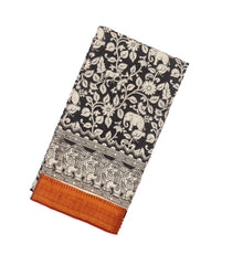 Black Woven Kalamkari Printed Cotton Saree With Elephant Motifs