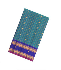 Blue Handloom Gadwal Silk Cotton Saree With Checks & Contrast Border-GA0253