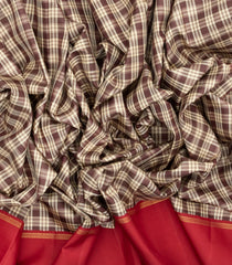 Brown Handloom Korvai Kanchipuram Silk Saree With Checks & Crimson Border-KA12491