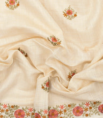 Cream Woven Art Linen Saree With Embroidered Buttas & Border-BL6034