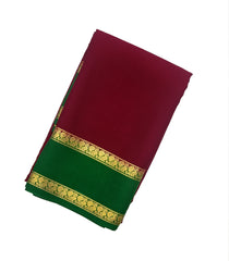 Maroon Mysore Crepe Silk Saree With Contrast Green Border