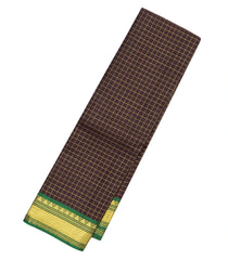 Black Handloom Kanchipuram Silk Saree With Checks & Green Border-KA12855