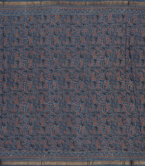 Steel Blue Handloom Chanderi Cotton Saree With Printed Check Motifs-CC1221
