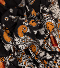 Black Woven Kalamkari Printed Cotton Saree With Peacock Motifs