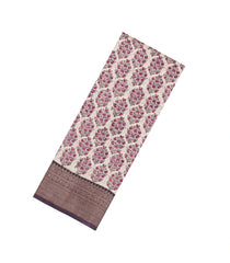 Cream Printed Chanderi Cotton Saree With Contrast Lilac Zari Border-CC1665