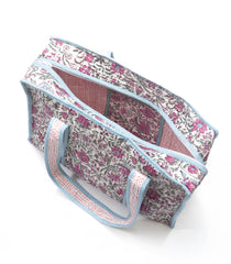 Cream Bagru Printed Handmade Cotton Quilted Tote Bag With Zipper-ACS1044