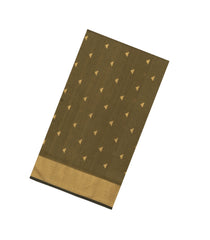 Olive Green Handloom Maheswari Silk Cotton Saree With Floral Buttas & Zari Border-SC4867
