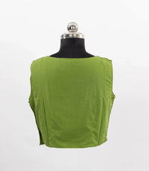 Green Brown Sleeveless Boat-Neck Cotton Blouse-RB5233
