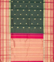 Bottle Green Handloom Korvai Kanchipuram Silk Saree With Checks & Buttas-KA13016