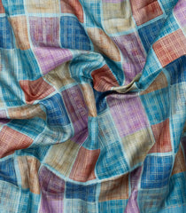 Light Blue Printed Synthetic Dupion Saree With Checks & Contrast Border-BL6047
