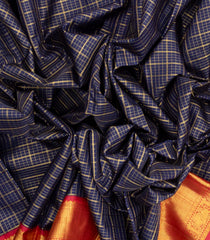 Dark Blue Handloom Korvai Kanchipuram Silk Saree With Checks & Contrast Border-KA13029