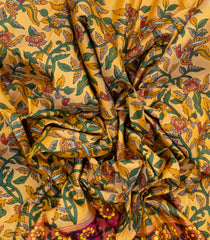 Sandal Woven Hand painted Silk Saree With Peacock & Floral Vine Motifs-KA13343
