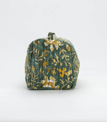 Dark Green Cotton Bagru Printed Toiletry Bag With Zipper-ACS1079