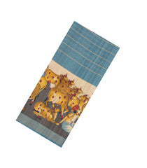 Steel Blue Woven Tussar Silk Saree With Stripes & Printed Pichwai Motifs-TU3169