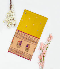 Mustard Handloom Banarasi Silk Saree With Meena Floral Buttas