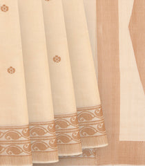 Cream Handwoven Tussar Silk Saree With Kamalam Motifs & Mango Vine Motifs in Border-Cream