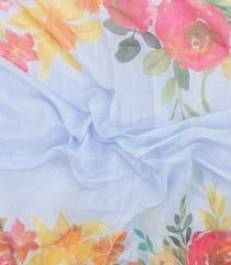 Light Blue Printed Synthetic Linen Saree With Floral Motifs-SY0125