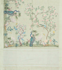 Light Green Printed Linen Saree With Peacock Motifs-LI0750