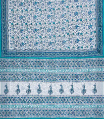 White Woven Jaipur Cotton Saree With Printed Blue Floral Motifs-JC1436