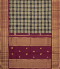 Black Handloom Korvai Kanchipuram Silk Saree With Beige Checks & Buttas-KA16695