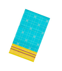 Turquoise Handloom Korvai Silk Cotton Saree With Checks & Contrast Border-SC4513