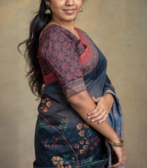 Midnight Blue Woven Art Chanderi Saree With Printed Floral Motifs