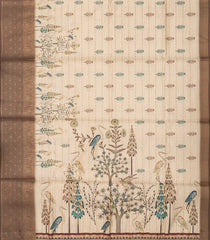 Beige Woven Art Tussar Silk Saree With Printed Bird Motifs-BL3699