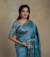 Cyan Woven Synthetic Tussar Silk Saree With Floral Motifs-BL4682