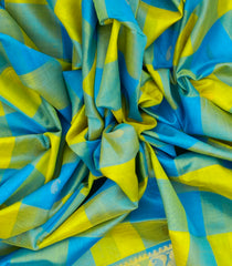 Sky Blue & Green Handloom Silk Cotton Saree With Checks & buttas-SC3350