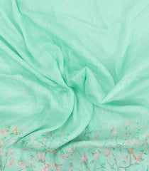 Aquamarine Handloom Linen Saree With Printed Floral Motifs-LI0773