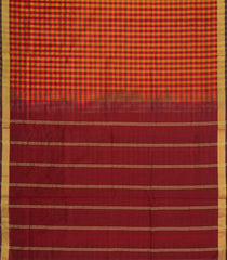 Red & Mustard Handloom Silk Cotton Saree With Checks & Zari Border-SC4617
