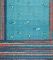 Turquoise Printed Art Dupion Saree With Floral Motifs-BL6145
