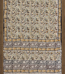 Cream Printed Kalamkari Cotton Saree With Zari Border-KAL1229