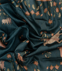 Teal Woven Tussar Silk Saree With Printed Pichwai Motifs-TU3208