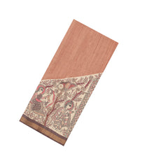 Peach Woven Tussar Silk Saree With Printed Madhubani Floral Motifs-TU3174