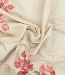 Off White Printed Synthetic Linen Saree With Floral Motifs-SY0484