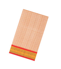 Peach Handloom Korvai Silk Cotton Saree With Checks & Contrast Border-SC3833