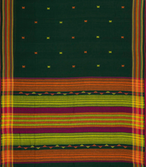 Bottle Green Handloom Bengal Cotton Saree With Cross Buttas -BG1455