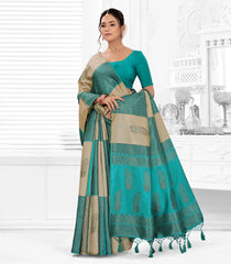 Cyan & Beige Woven Synthetic Dupion Saree With Floral Motifs-SY0521