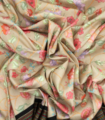 Taupe Handloom Silk Saree With Printed Floral Motifs & Contrast Border-PS0542
