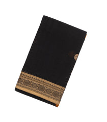 Black Handloom Kanchi Cotton Saree With Floral Buttas & Taupe Border