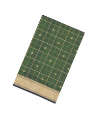 Dark Green Handloom Soft Silk Cotton Saree With Checks & Buttas-SC4568