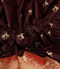 Maroon Handloom Banarasi Silk Saree With Bird Buttas