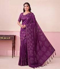 Dark Purple Printed Synthetic Kotha SIlk Saree With Floral Motifs & Zari Border-SY0621