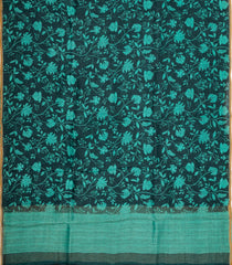 Black Handloom Linen Saree With Printed Turquoise Floral Motifs-LI0786