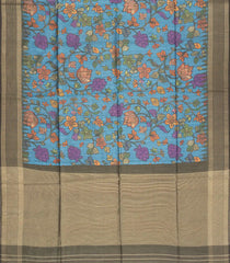 Blue Woven Synthetic Dupion Saree With Printed Kalamkari Motifs-BL4335