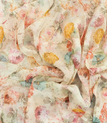 Cream Woven Pure Chiffon Silk Saree With Printed Floral & Peacock Motifs-PS0588