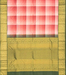 Peach Handloom Korvai Natural Dyed Silk Saree With Gradient Checks & Japanese Wave Border  - KA12631